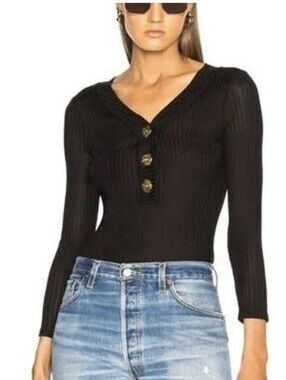 FRAME Denim Bodysuit Long Sleeves V Neck Black Ribbed XS